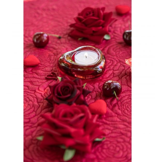 Roter, herzförmiger Kerzenhalter aus Glas, 8 cm x 8 cm x 2,6 cm