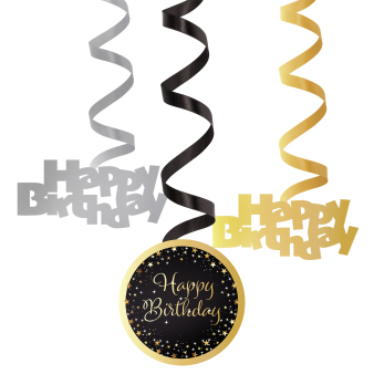 6 Swirl Decorations Starlight Birthday Gold/Schwarz/Silber