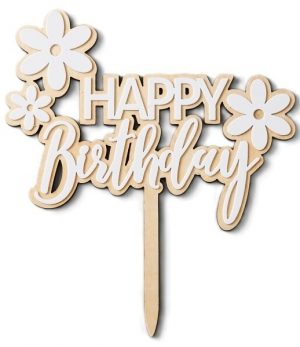 Cake Topper Happy Birthday Flower - Holz /Acryl