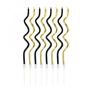 4693 8 Tortenkerzen Spiral Twist + 8 Halter Gold/Schwarz