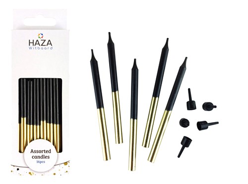 16 Tortenkerzen 9,5cm + 16 Halter tauchgefärbt schwarz gold