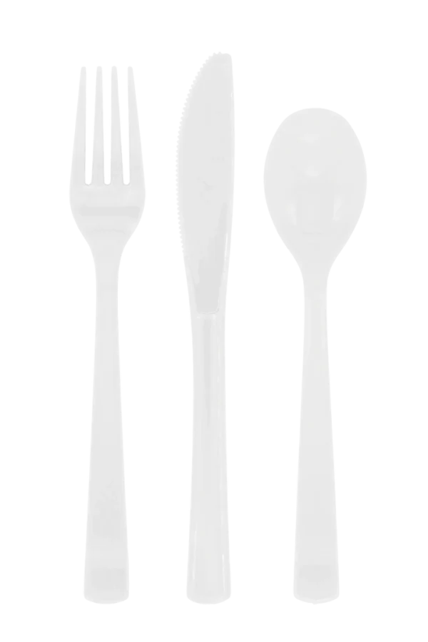 Weißes Besteck, wiederverwendbar, 18-teilig